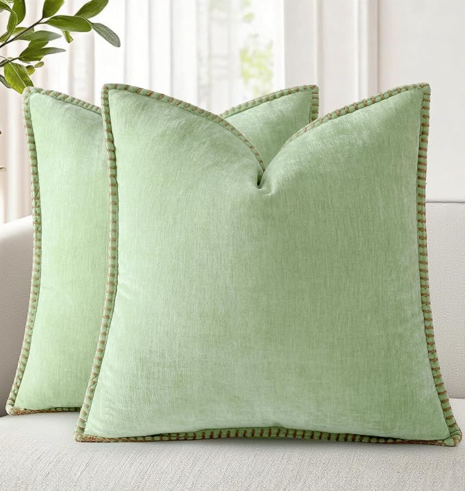 decorUhome Soft Chenille Throw Pillow Covers 16x16 Set of 2 Sage Green | Fall Textured Decorative Throw Pillow Cases Stitched Edge Modern Farmhouse Luxury Boho Velvet for Couch Sofa Bed Home Decor
