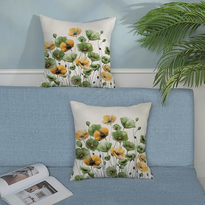 Spring Floral Pillow Covers 18x18 Set of 2 Yellow Green Flower Decorative Throw Pillow Cover Decoration Summer Seasonal Pillowcase Farmhouse Decorative Cushion Cover For Home Sofa Outdoor Decor