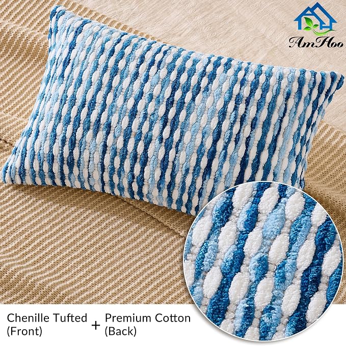 Boho Chenille Pillow Cover Decorative Tufted Pillowcase for Couch Bed Sofa Bedroom Living Room Modern 12 x 20-Inch Sky Blue