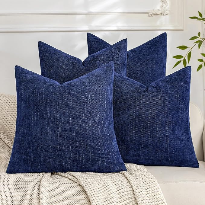 Set of 4 Soft Textured Decorative Throw Pillow Covers 18x18 Inch Cozy Farmhouse Cushion Cover Square Accent Pillow Cases for Bed Couch Sofa Living Room, Blue