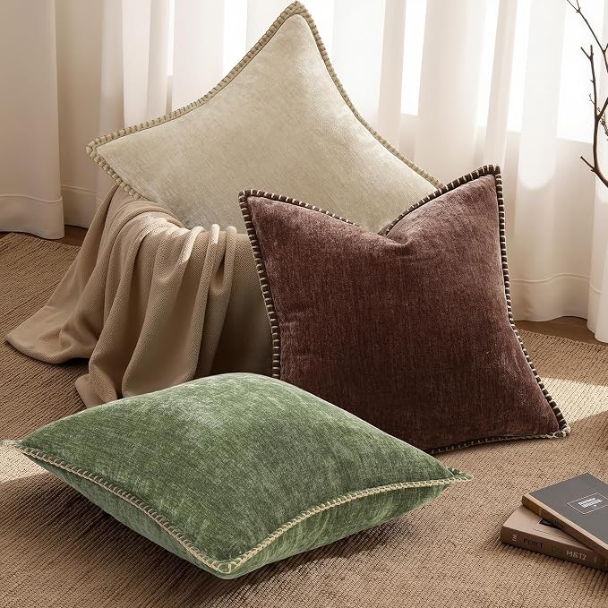 decorUhome Soft Chenille Throw Pillow Covers 16x16 Set of 2 Chocolate | Fall Textured Decorative Throw Pillow Cases Stitched Edge Modern Farmhouse Luxury Boho Velvet for Couch Sofa Bed Home Decor