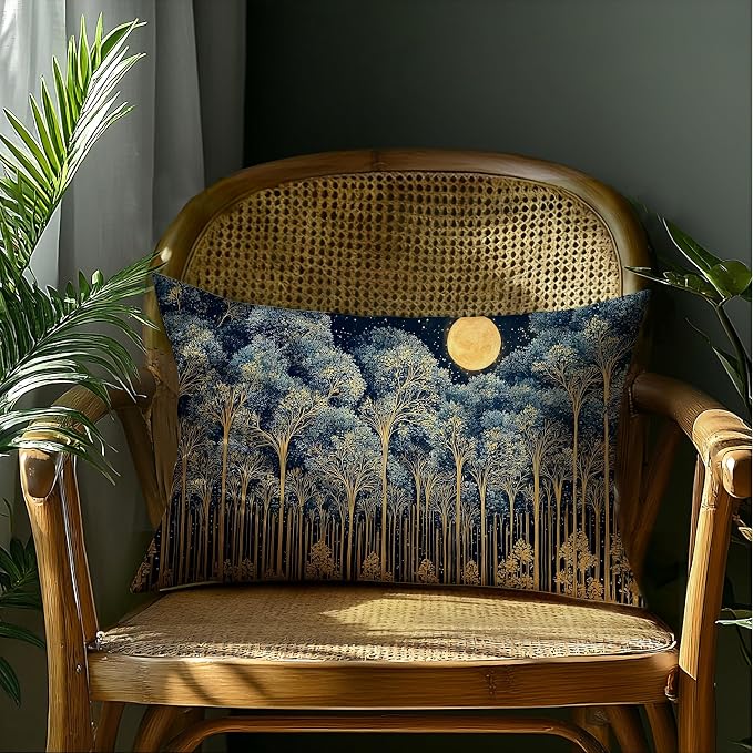 Rustic William Morris Night Forest Moon Decor Pillow Covers 20x12,Vintage Dark Gold Botanical Nature Landscape Decorative Throw Pillow Covers for Home Bedroom Living Room