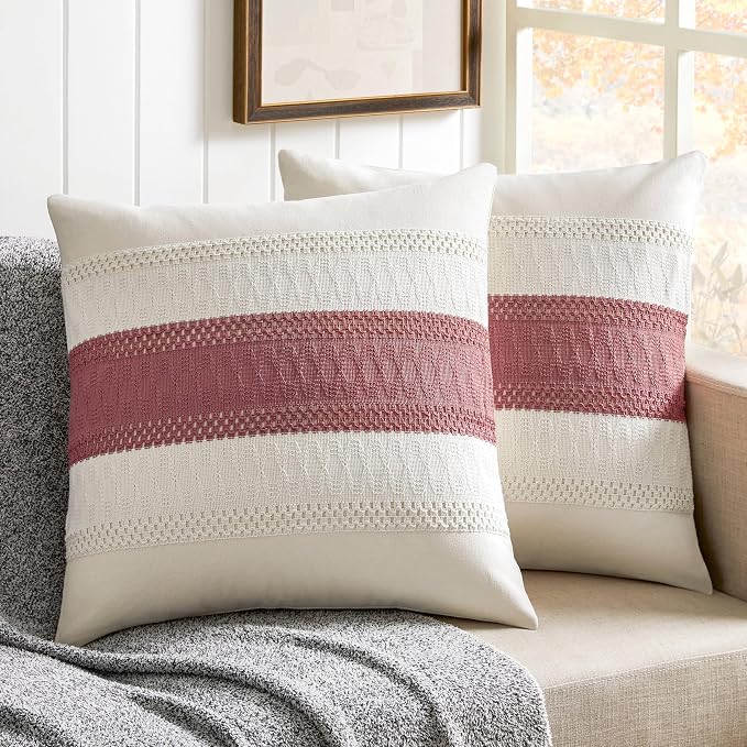 2 Pack Boho Throw Pillow Covers, Contrast Dusty Pink 26x26in | Soft Breathable Cotton, Farmhouse Decorative Couch Pillow Cases, Cushion Covers for Sofa Bed Living Room Home Decor