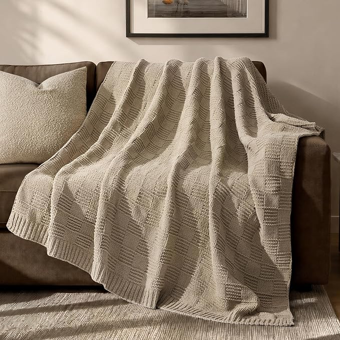 EVERGRACEHOME Modern Checkered Chenille Throw Blanket, 60x80, Sand Dune | Lightweight Warmth, All-Season Breathability, OEKO-TEX certified, Timeless Grid Pattern, Farmhouse Throw for Couch, Bed, Sofa