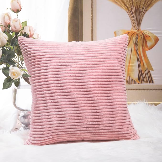 Home Brilliant Pink Throw Pillow for Bedroom Stripe Plush Velvet Corduroy Throw Euro Pillow Sham Decorative Pillow Cover for Sofa Wedding for Room, 26 x 26 inch (66cm), Baby Pink