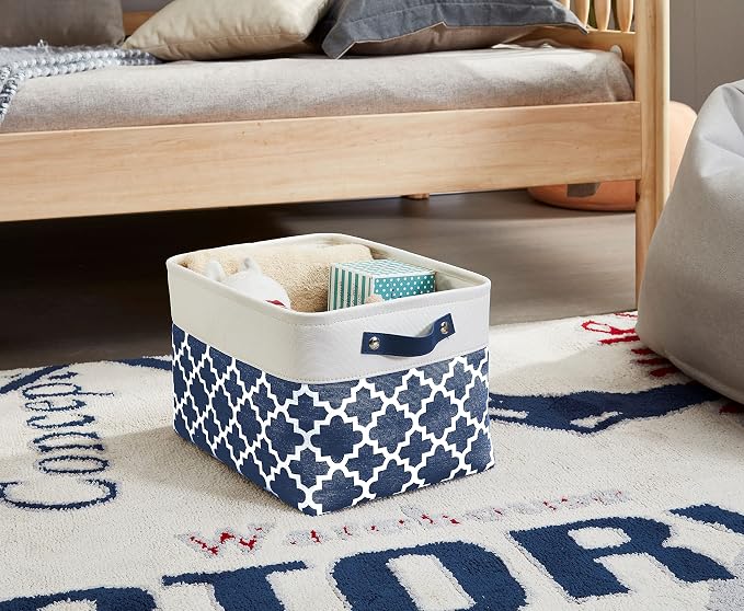 DECOMOMO Storage Bins, Large Fabric Storage Baskets for Shelves 3 Pack | 15 x 11 x 9.5 inches Decorative Linen Closet Organizers with Handles (Blue Patterns)