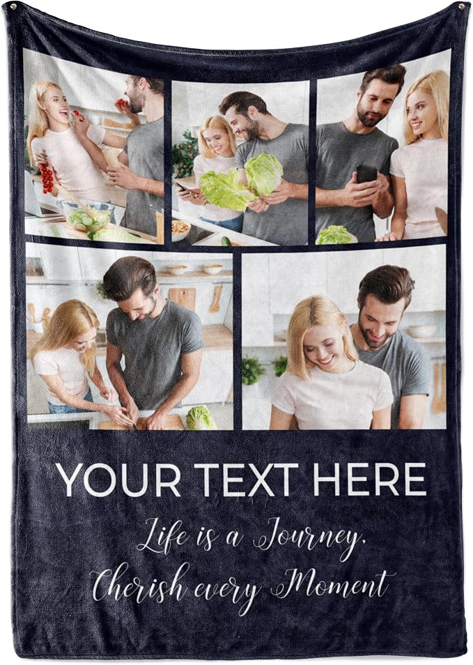 Personalized Photo & Text Blanket, Custom Picture Fleece Throw (5-Pic) | Printed in USA, ships next day, add 1-9 photos & custom text, fleece or sherpa, family keepsake gift, cozy home decor