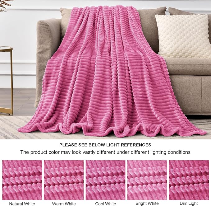 BEDELITE Ribbed Jacquard Hot Pink Fleece Twin Blanket for Bed, 60x80 Inch | Soft Warm Decorative Fluffy Blanket, Cozy Plush Lightweight Fuzzy Throw Blanket for Couch Sofa Room Decor, Gift for Women