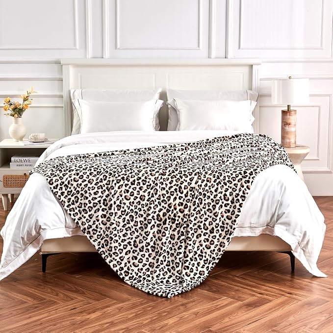 Edenleaf Leopard Print Blanket Fleece Throw for Bed Sofa Travel and Camping, Super Soft Cozy Fluffy Plush Cheetah Print Blanket for All Seasons 50"x60" (Cream)