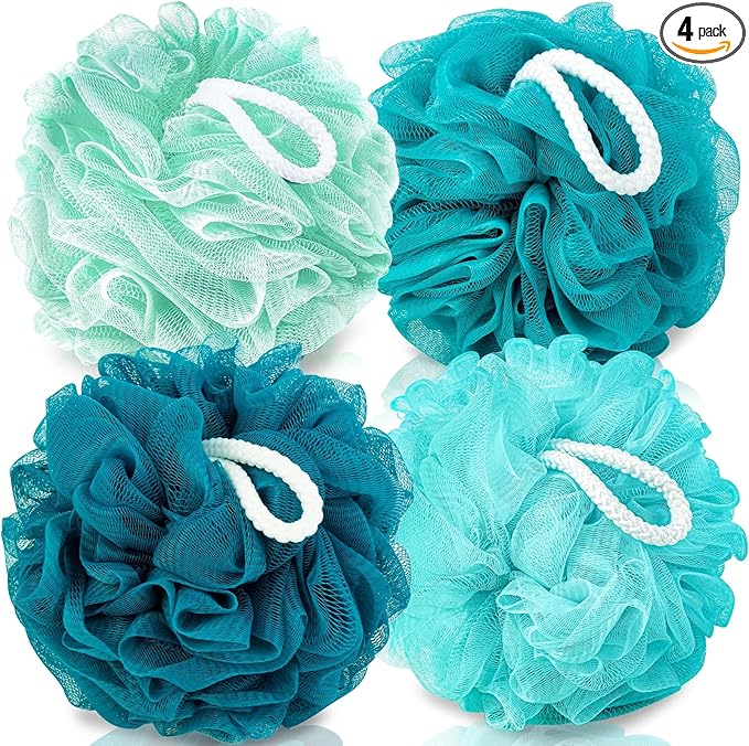 MTDLYICE Loofah for Women 75g 4 Pack, Bath Sponge Soft Mesh Shower Puff Loofah Sponge, Exfoliating Body Scrubber, lufas for Women, Shower Accessories (Blue)