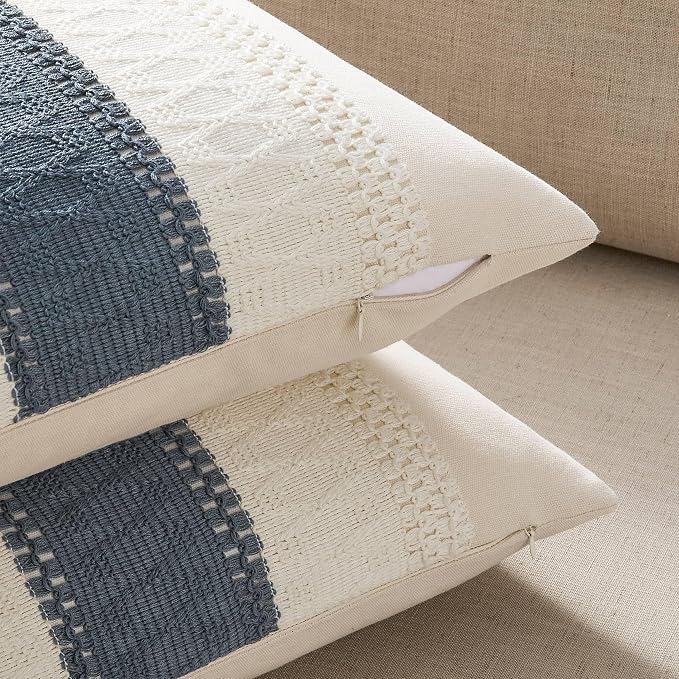 2 Pack Boho Throw Pillow Covers, Contrast Grey Navy 20x20in | Soft Breathable Cotton, Farmhouse Decorative Couch Pillow Cases, Cushion Covers for Sofa Bed Living Room Home Decor