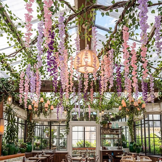 Wisteria Hanging Vines Flowers, Fairy Classroom Ceiling Decor | Artificial Greenery for Enchanted Parties, Purple Pink White Strands for Indoor Outdoor Garden, DIY Ceiling Decoration Set