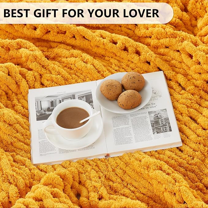L'AGRATY Chunky Knit Throw Blanket for Couch, 30 x 40 Inches Mustard Yellow | Handmade Chenille Crochet Blanket for Sofa Bed, Thick Cable Knitted Blankets for Room Home Decor, Birthday Gift for Women Mom