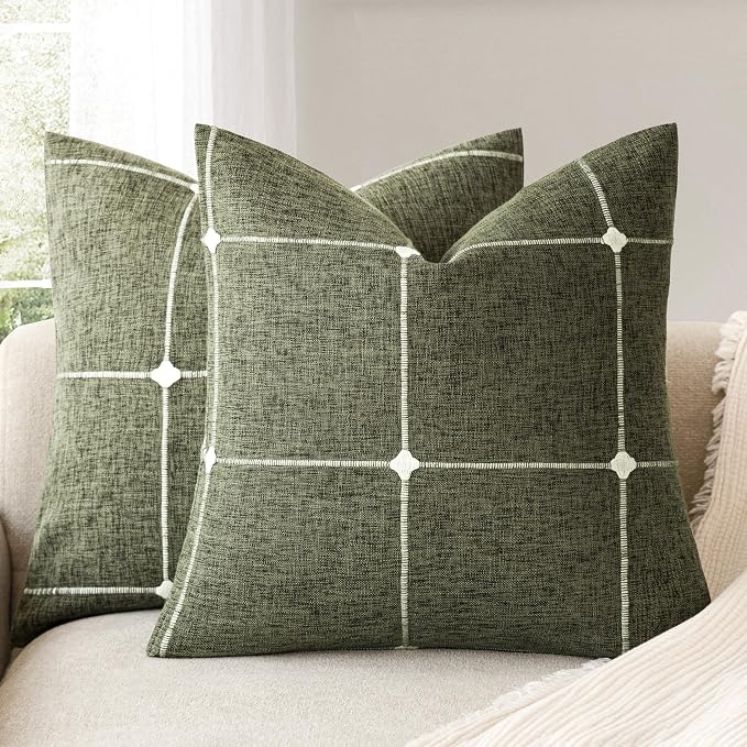 Foindtower Pack of 2 Decorative Faux Linen Jacquard Check Throw Pillow Covers Farmhouse Cushion Cover with Grid Textured Accent Pillowcase for Couch Sofa Living Room Home Decor,22×22 Inch,Olive Green