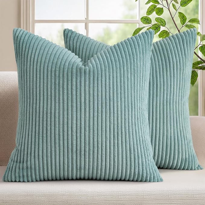Mecatny Corduroy Decorative Throw Pillow Covers 20x20 Set of 2 Aqua | Soft Striped Texture, Hidden Zipper Design, Neutral Boho Square Pillow Cases for Sofa Couch Living Room Bedroom, Home Décor
