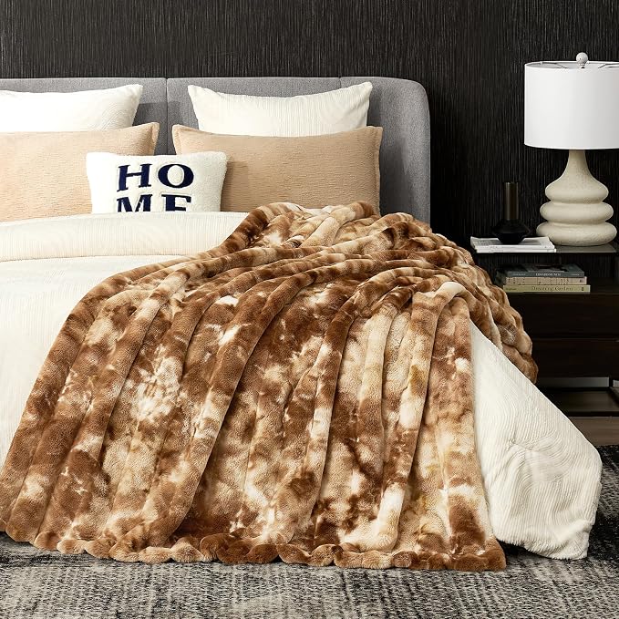 Cozy Bliss Deluxe Striped Rabbit Faux Fur Throw Blanket, Soft Fluffy Warm Plush Blanket for Winter, Modern Homr Decor, Tie-dye Brown 50"x60"
