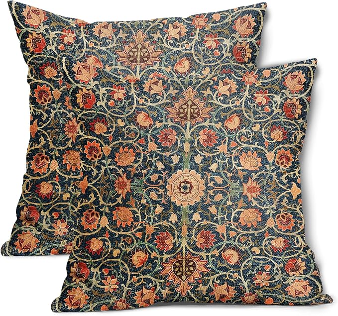 Vintage Floral Pillow Covers 18X18 Inch Set of 2 Burnt Orange Flowers Botanical Decorative Square Pillow Cases Navy Blue Art Cushion Case Farmhouse Home Decor for Sofa Couch Bedroom Outdoor
