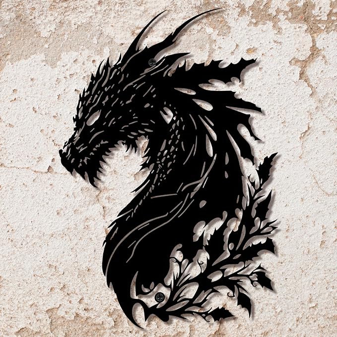 Black Metal Dragon Wall Art, 3D Medieval Decor for Men Cave, Fantasy Gift | 3D black dragon wall sculpture, perfect medieval fantasy decor for man caves, game rooms, or unique gifts