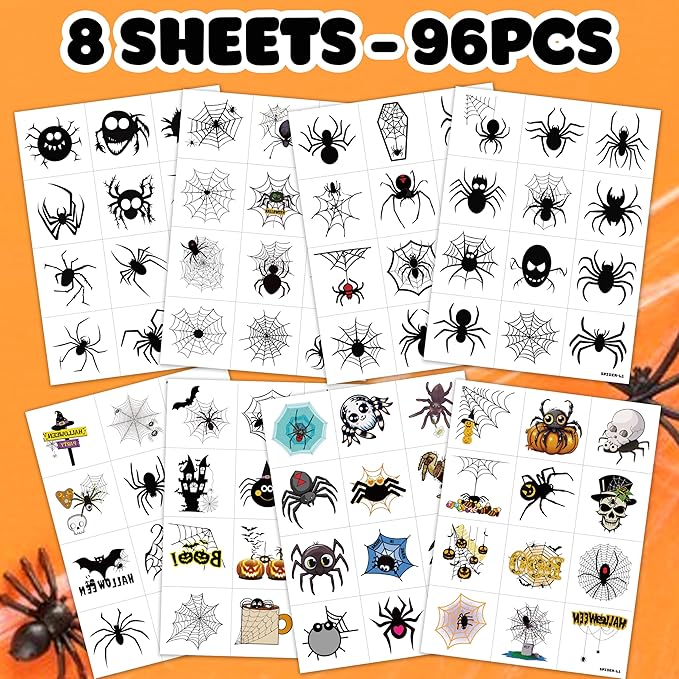 96 PCS Cute Funny Halloween Spider Pre-cut Temporary Tattoos Sticker Birthday Decorations Spider Web Bat Boo Day Festival Black Carnival Themed Party Favors Supplies Cute Boy Girl Adult Gifts