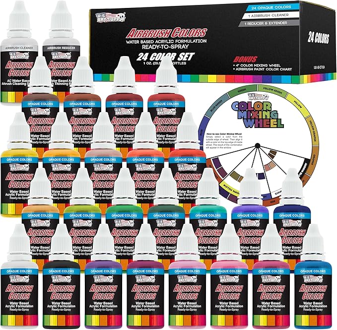 U.S. Art Supply 24 Color Acrylic Airbrush, Leather & Shoe Paint Set Opaque Colors plus Reducer, Cleaner & Color Mixing Wheel