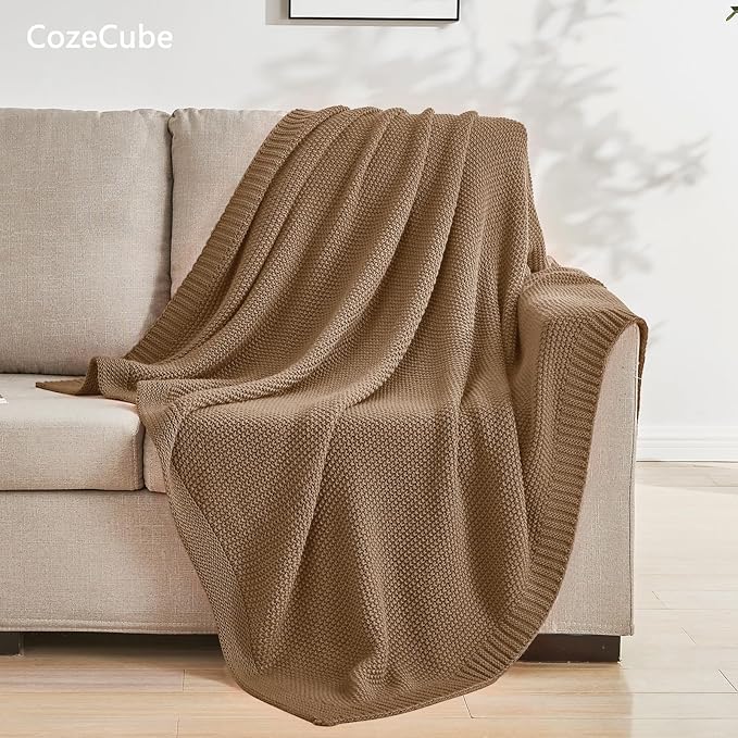CozeCube Caramel Brown Seed Stitch Throw Blanket 60"x80", Farmhouse Decor | Blanket for Couch, Soft Cozy Cable Knit Throw for Bed Sofa Living Room, Lightweight Warm Decorative Christmas Blanket