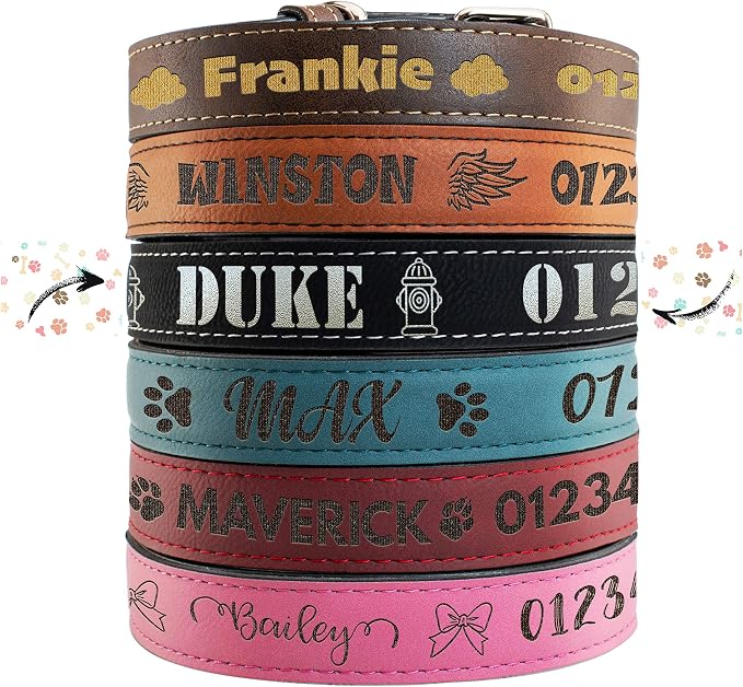 Personalized Leather Dog Collar | 3 Adjustable Sizes - 9 Icons with Your Pet's Name | Large - Black | - Safe&Secure Pet Collars with ID, Custom Text for Dogs and Puppy - Small Medium Large Puppies