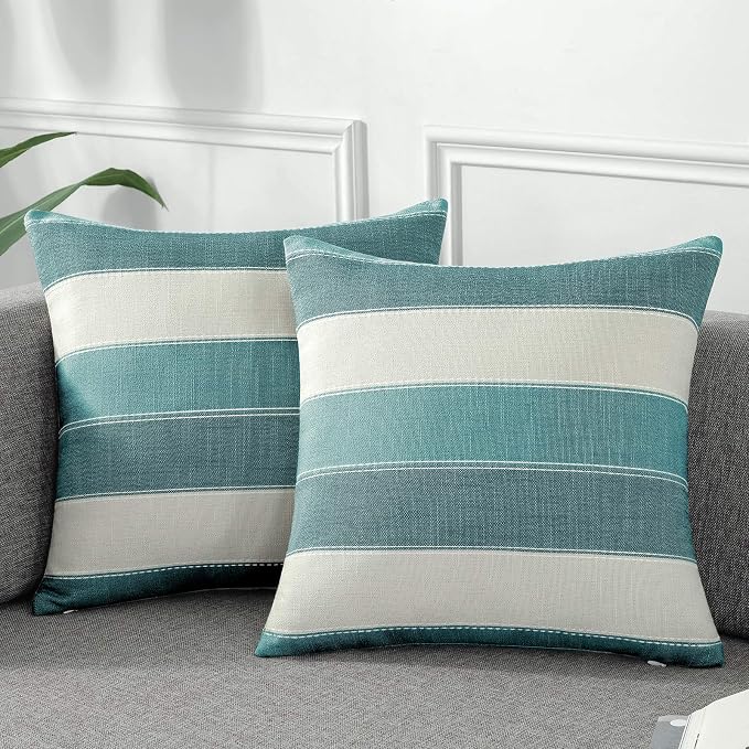 Pack of 2 Farmhouse Stripe Check Throw Pillow Covers Set Case Cotton Linen Decorative Pillowcases Cushion Cover for Couch Bench Sofa 16x16Inch Teal Blue