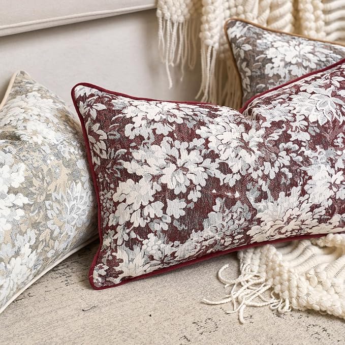 Alerfa Burgundy Neutral Floral Pillow Cover 12 x 20 Inch, Vintage Chenille Rectangle Couch Pillow Cover Soft Decorative Farmhouse Accent Pillowcase for Living Room Bedroom