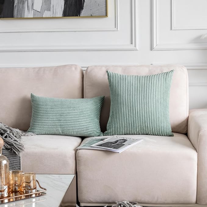 Home Brilliant Sage Green Summer Pillow Cover 26 x 26 Soft Striped Corduroy Decorative Euro Throw Pillow Sham for Couch Sofa Bench Decor, 26x26 Iceberg Green