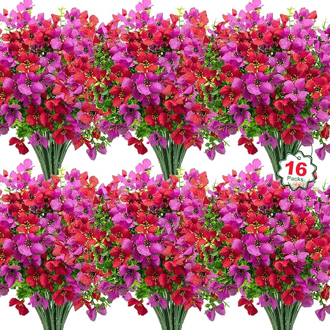 16 Pcs Artificial Flowers for Outdoors Decoration, Purple & Red | Realistic, silk flowers, faux plastic plants, UV resistant, for summer garden porch window vase indoor outdoor home decor