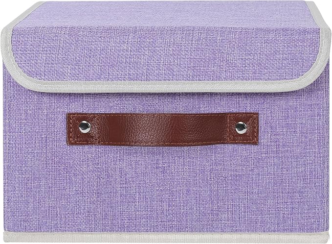 ANMINY Fabric Storage Box Bins with Lids, Purple, 10"x8"x7" | Keepsake Memory Storage, Cotton Linen, PP Board Reinforced, Washable, PU Handles, Foldable & Stackable, Decorative, Small