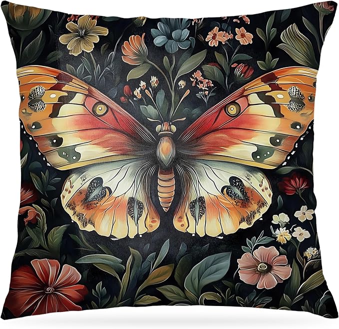 Colorful Floral Butterfly Pillow Covers 18x18, Retro Dark Cottagecore Wildflower Botanical Moth Decorative Throw Pillow Covers for Bedroom Living Room Home, Butterfly Room Decor