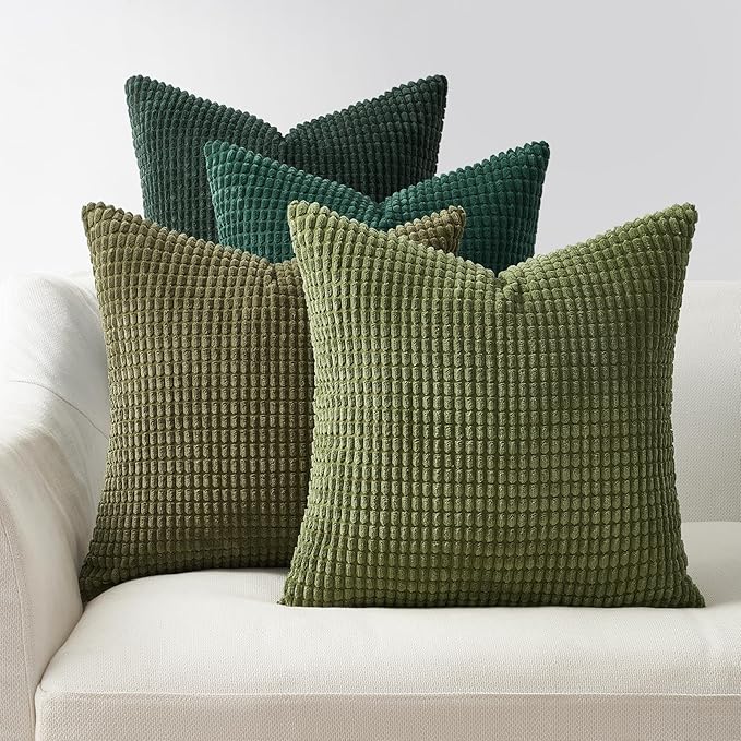 Topfinel Fall Pillow Covers Set of 4 Soft Corduroy Boho Strip Textured Green Pillow Covers Modern Farmhouse Cute Autumn Home Decor Green Living Room Sofa Couch Bed 55x55 cm