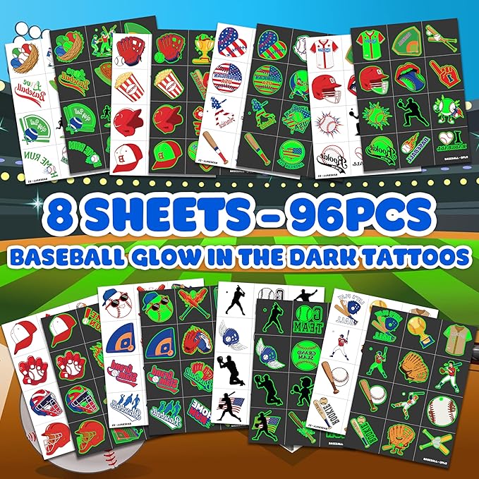 96 PCS Baseball Sports Pre-Cut Luminous Glow in the dark Temporary Tattoos for Kids | Super Cute Baseball Themed Birthday Party Favors, Supplies, Decorations, Fake Tattoo Stickers Gifts for Boys Girls
