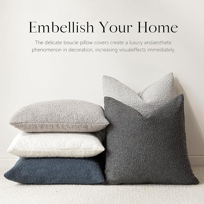 Foindtower Pack of 2 Textured Boucle Throw Pillow Covers Accent Solid Decorative Pillow Cases Cozy Woven Couch Cushion Case for Sofa Bedroom Living Room Home Decor, 20 x 20 Inch,Dark Grey