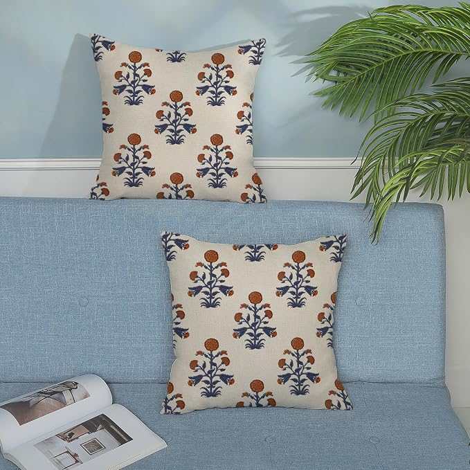 Orange Navy Blue Floral Pillow Covers 18x18 Inch Set of 2 Block Print Flower Boho Decorative Throw Pillows Modern Vintage Outdoor Pillow Cases Linen Farmhouse Cushion Cases for Couch Sofa Decor