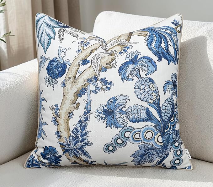 Blue Floral Branch Print 20x20 Throw Pillow Cover, Blue | Blue botanical branch branch on off-white slub, tan piping; both sides printed; hidden z; cover only
