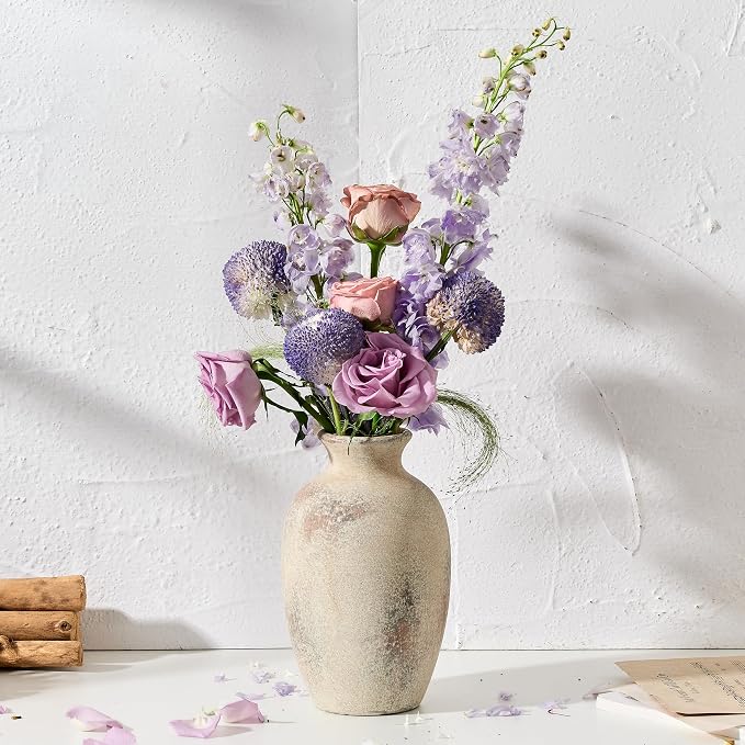 Ceramic Vintage Flower Vase Home Decor, 8.38" Rustic Terracotta, Antique Vase for Table, Living Room, Shelf, Mantel Decoration, Farmhouse- Brown