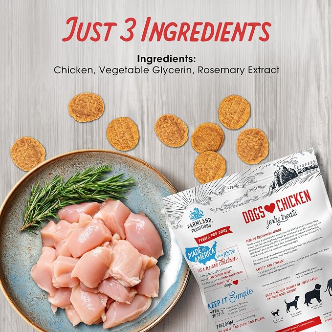 Dogs Love Chicken Jerky Dog Treats 3 Ingredients Grain Free 6 oz | Made in the USA, soft and chewy, healthy dog snacks, training treats for small medium and large breed dogs and puppies