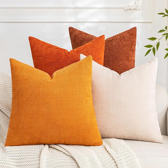 Set of 4 Soft Textured Decorative Throw Pillow Covers 16x16 Inch Cozy Farmhouse Cushion Cover Square Accent Pillow Cases for Bed Couch Sofa Living Room, Beige Rust Orange
