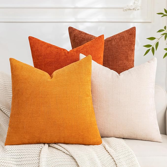 Set of 4 Soft Textured Decorative Throw Pillow Covers 24x24 Inch Cozy Farmhouse Cushion Cover Square Accent Pillow Cases for Bed Couch Sofa Living Room, Beige Rust Orange