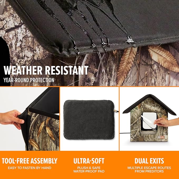K&H Heated Cat House, Outdoor Kitty Shelter, Safety Listed, 20W, Camo | Heated Cat House for Outside, Weatherproof Shelter for Ferals, Insulated with Smart Thermostat, 2 Doors, Waterproof Bed