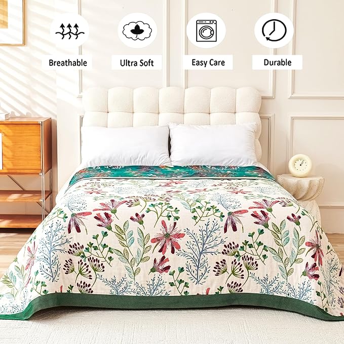 VANJOROY Boho Throw Blanket, 100% Organic Cotton Breathable Ultra Soft 91" x 108" King Bed Quilt Throw - All Season Floral Rustic Farmhouse Decor Luxury Blanket for Sofa Couch Chair and Gift