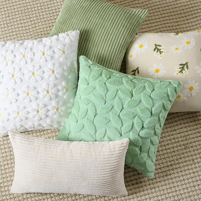 Softalker Spring Summer Throw Pillow Covers 18 x 18 Inch Set of 2, Green Leaves Soft Plush Faux Fur Cushion Covers, 3D Embroidered Pillow Cases for Couch Bedroom Living Sofa Room Home Decor, Sage