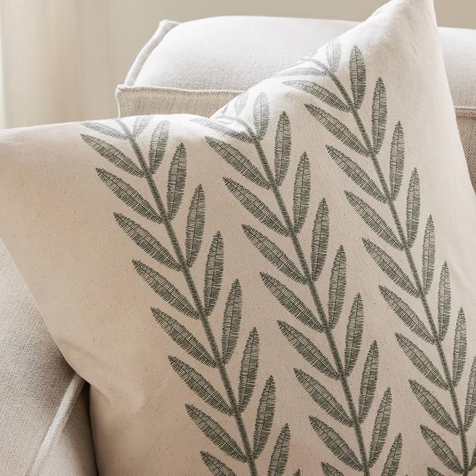 Farmhouse Leaves Throw Pillow Covers Set of 2, 20x20in Green | 100% Organic Cotton, Rustic Accent Print Pillow Case, Pastoral Decorative Cushion Covers for Sofa Bed Living Room Home Decor