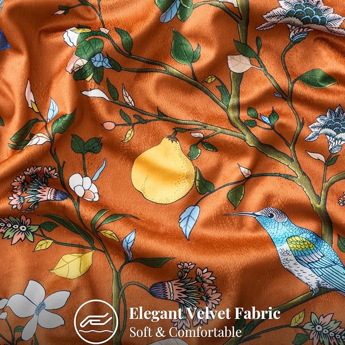 MUSSEL Burnt Orange Velvet Floral Decorative 16x16 Pillow Covers Set of 2 | Soft Durable and Sturdy,Bird Plant,Throw Pillows Case,Square,Colorful Boho Modern Cushion Covers,Home Sofa Couch Decor