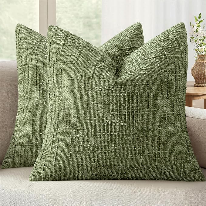 MIULEE Chenille Textured Throw Pillow Covers Sage Green 20x20 Set of 2 | Slubby Decorative Pillows, Boho Farmhouse Home Decor, Modern Neutral Cushion Covers for Couch Sofa Bed Living Room