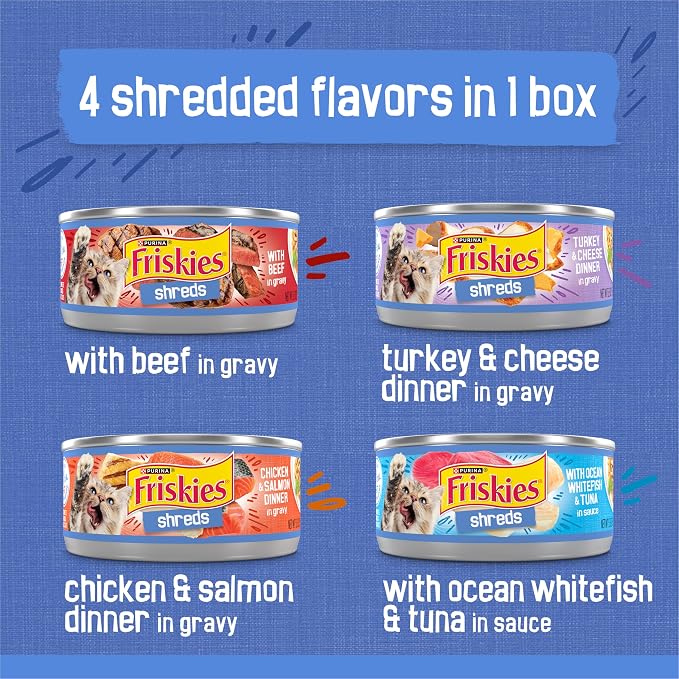 Friskies Purina Gravy Wet Cat Food Variety Pack, Savory Shreds with Beef, Turkey and Cheese Dinner, Chicken & Salmon Dinner, with Ocean Whitefish & Tuna - 5.5 oz. Cans (Pack of 64)