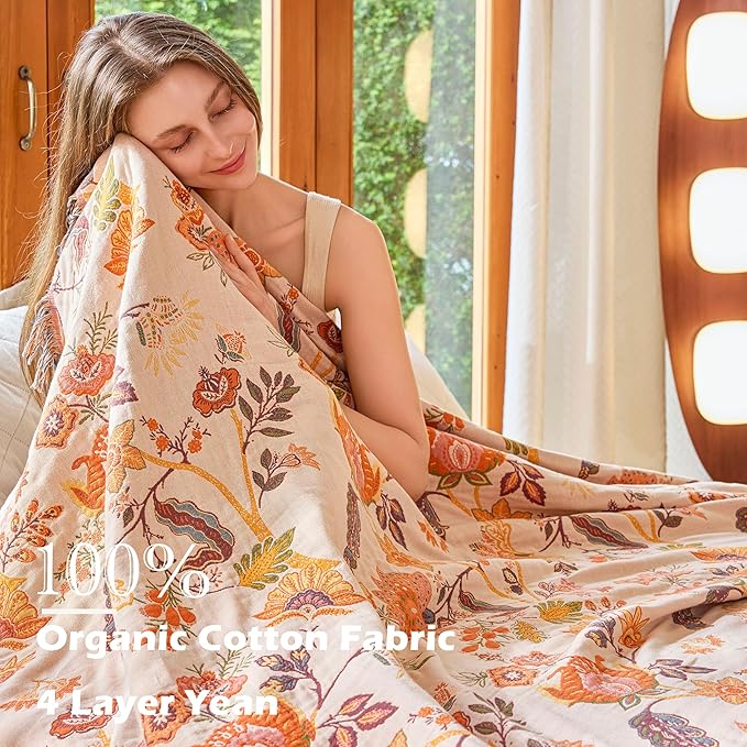 VANJOROY Boho Throw Blanket, 100% Organic Cotton Breathable Ultra Soft 91" x 108" King Bed Quilt Throw - All Season Floral Rustic Farmhouse Decor Luxury Blanket for Sofa Couch Chair and Gift