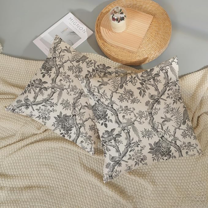 Black Floral Bird Pillow Covers 18x18 Set of 2 Chinoiserie Throw Pillows Black Vintage Flowers Bird Decorative Pillow Cases Outdoor Chinoiserie Decor Farmhouse Cushion Case for Couch Sofa